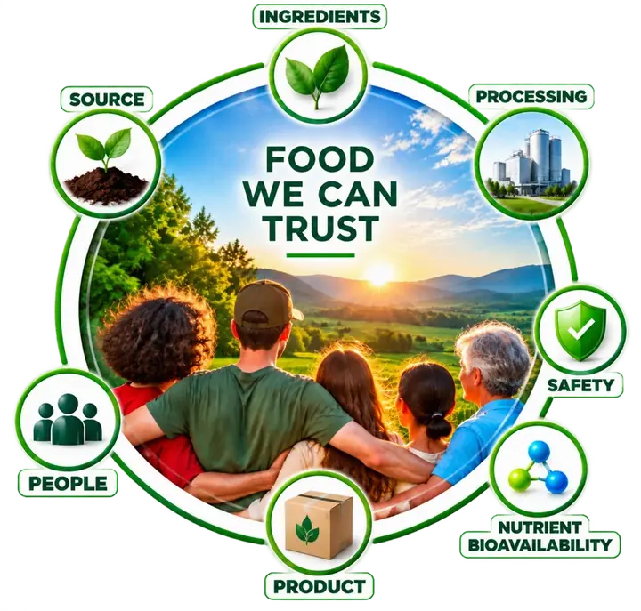 Food we can trust: Source, Ingredients, Processing, Safety, Nutrient Bioavailability, Product, People